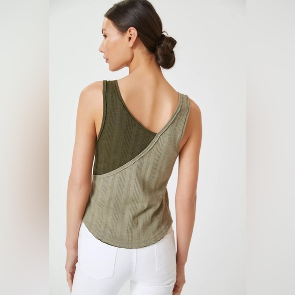 Pilcro Dual Tone Asymmetrical Tank Top Olive Green Ribbed Sustainable Cotton, S - Picture 2 of 12